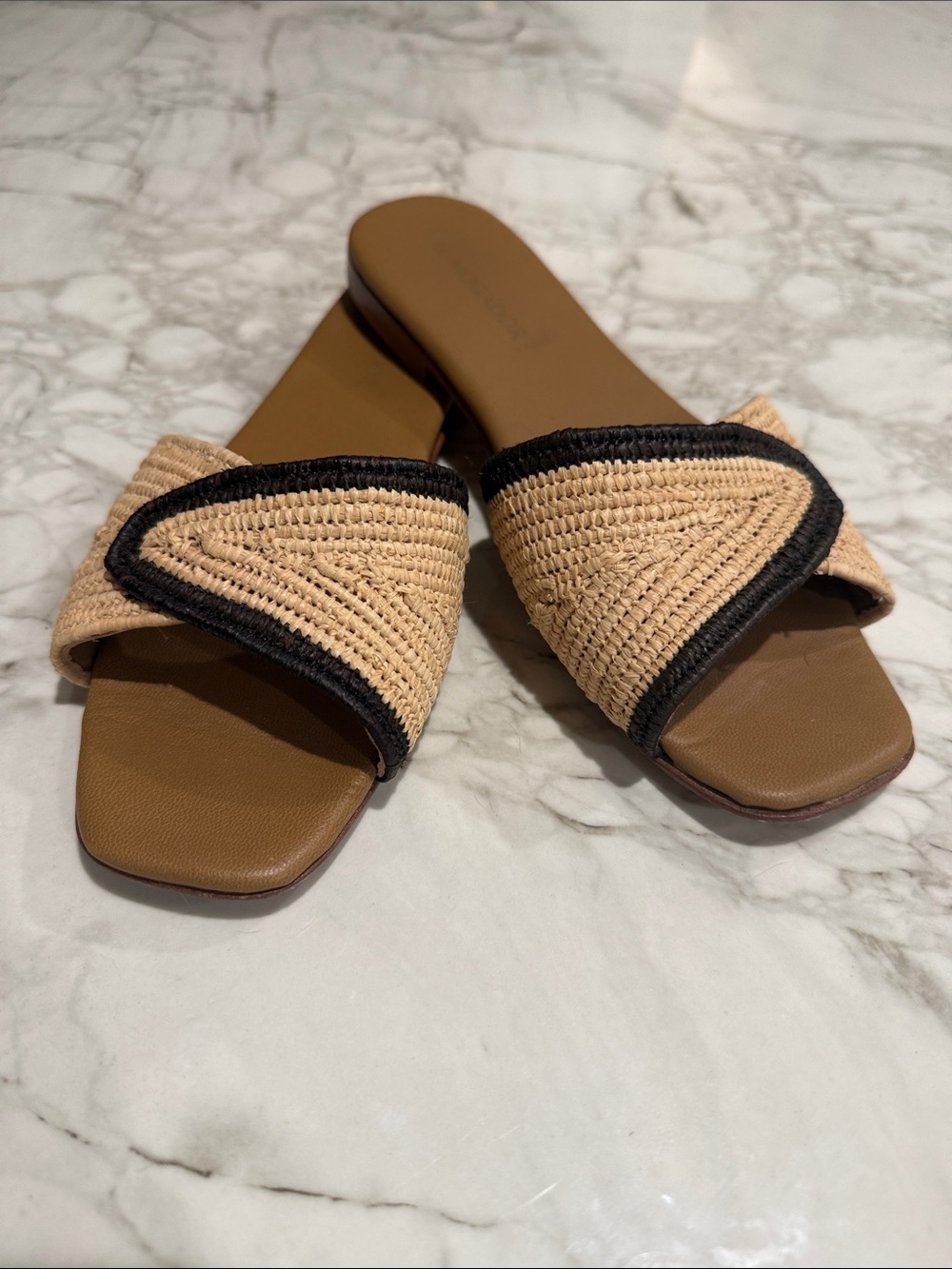 Woven Straw Slide Sandals in Natural with Chocolate Brown Trim